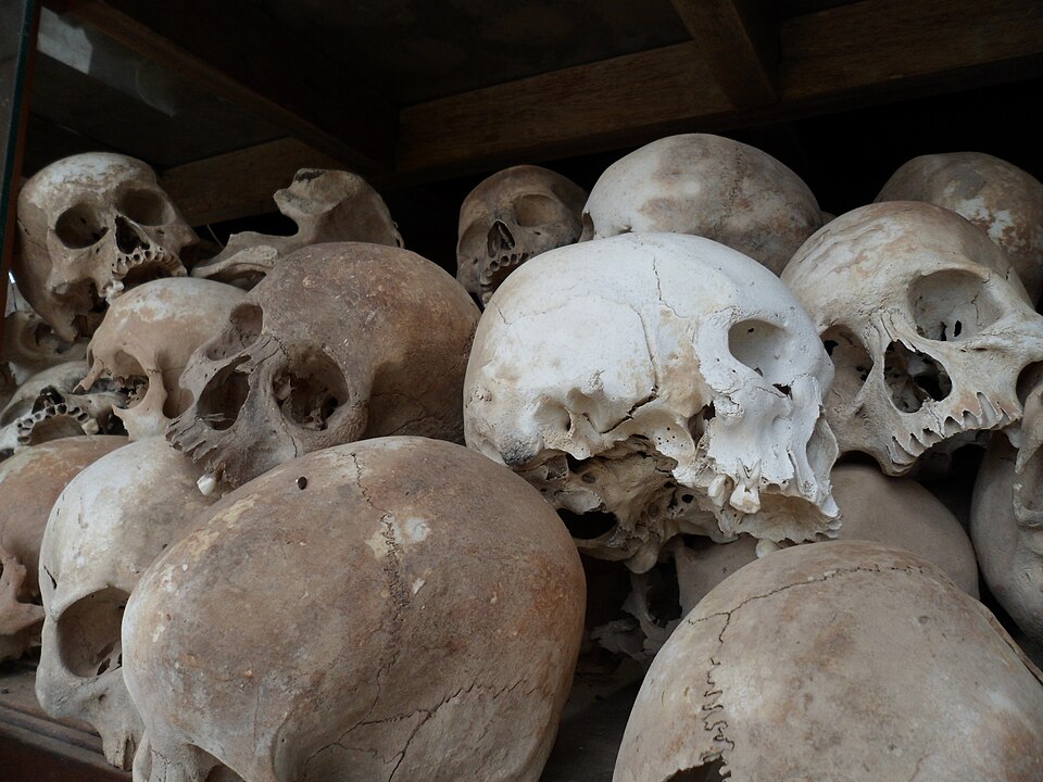 Skulls of victims at Tuol Sleng (S-21) prison, Phnom Penh — Khmer Rouge killed 1.7 million